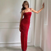 French High Grade Red Lace Tube Tops Strap Dress Slim Fit Sheath Dress